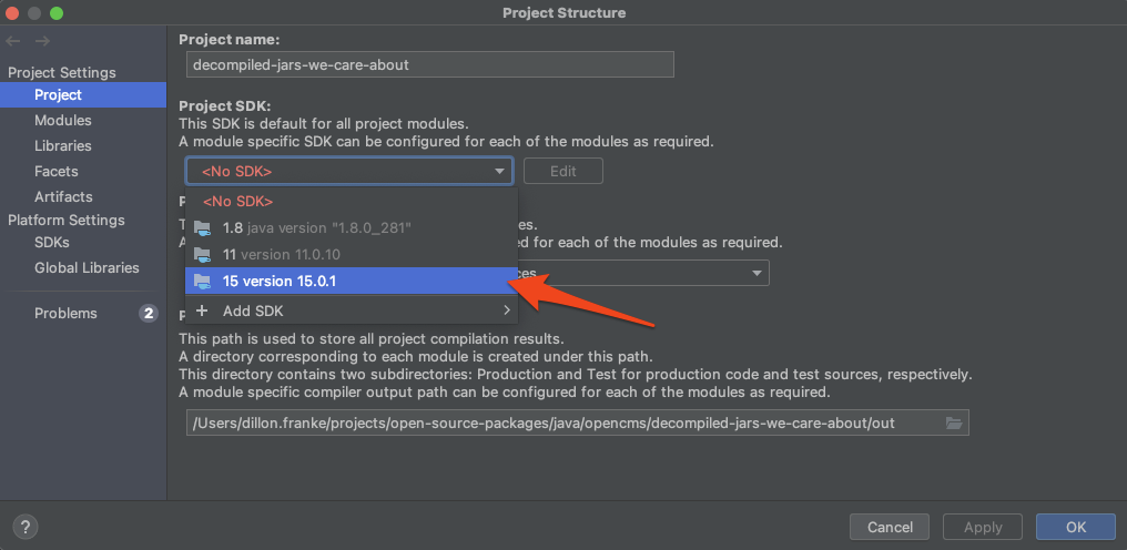 Selecting Java SDK