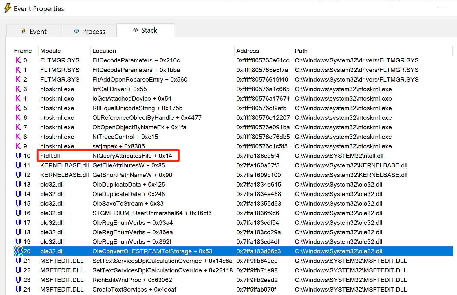 Procmon Stack Trace